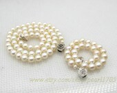 7mm aaa grade white akoya pearls jewelry set necklace 18" bracelet 7.5" 925 silver flower clasp--fine graduation gift--everyday jewelry