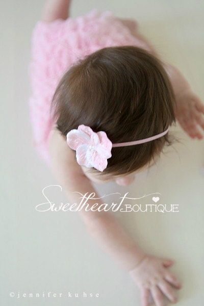 Light Pink Baby Flower Headband - Sequin Velvet Flower Stretchy Skinny Headband, Newborn Headband, Little Girls Headbands or Hair Clip