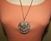 Vintage  Smiley Face Necklace, Metal Face with Rhinestone Eyes, Larger on a matching Vintage Chain No. 52