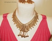 Vintage Choker Necklace and Earring Set, Statement, Chunky, Fringe, Drop, Gold No. BL