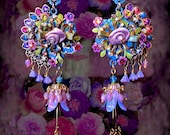 Exotic Peacock Flower Fantasy Earrings, Ornate Fan Earrings, Pastel Pink Opal, Floral Teal and Purple, Lilac Roses