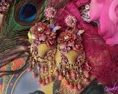 Hand-painted Shabby-Chic Flower Basket Chandelier Earrings, Vintage Pink, Ornate Floral Jewelry, Feminine Roses and Butterflies