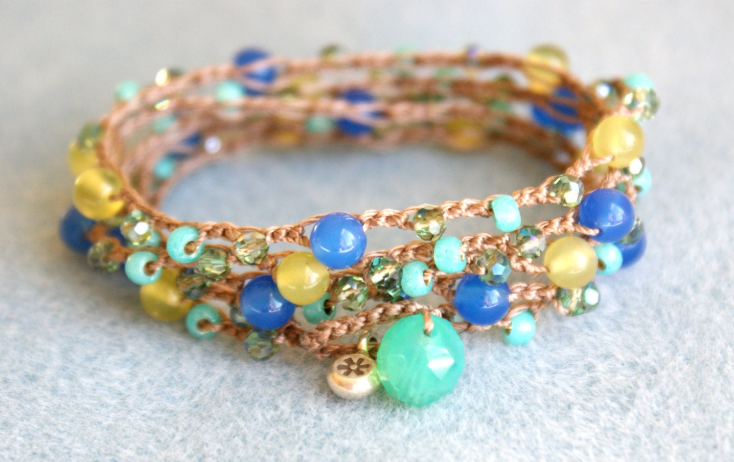 Bohemian crochet wrap bracelet, long necklace, boho chic, jewelry, mix, green, blue, lime, turquoise, sapphire OOAK