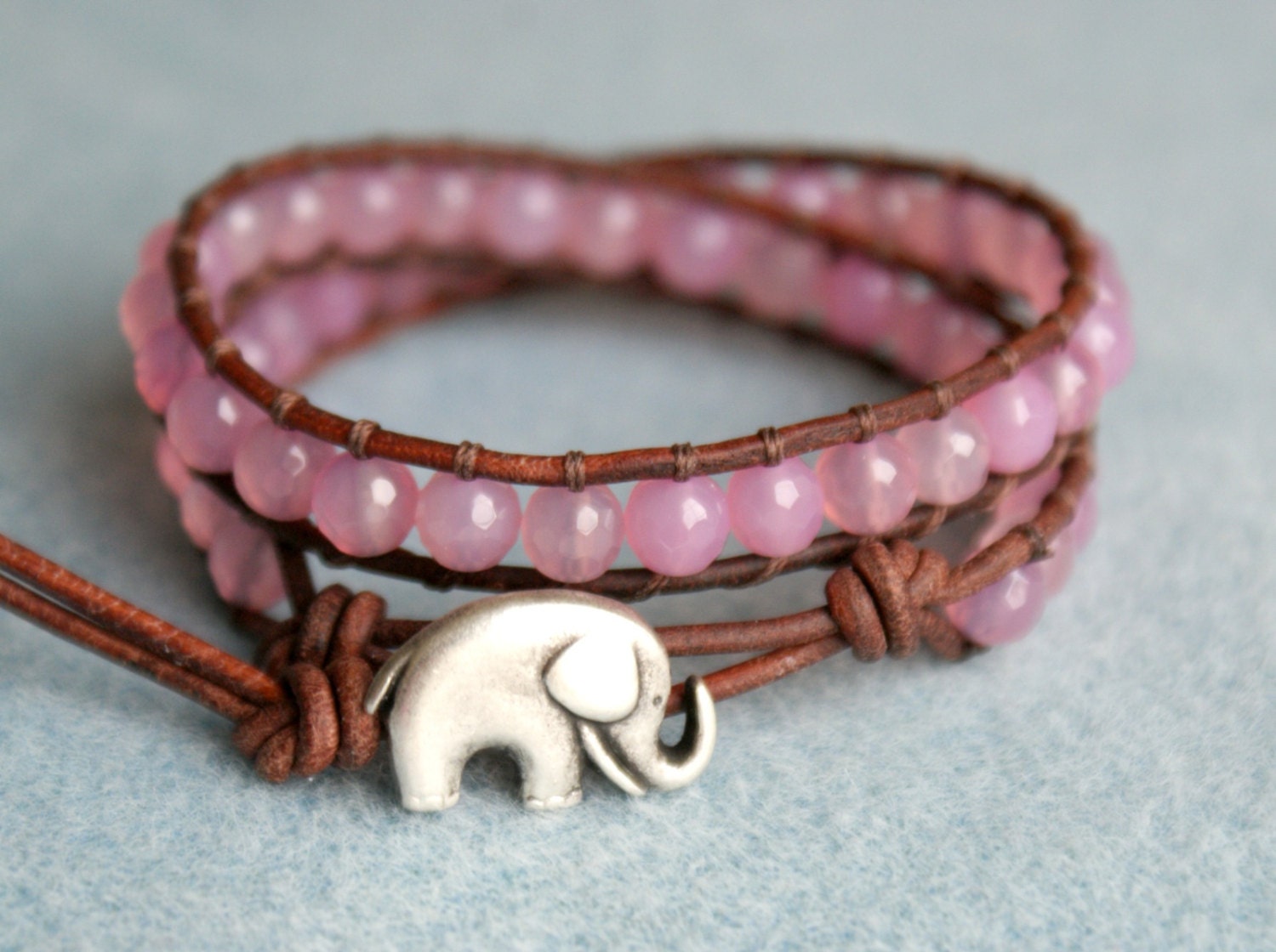 Rose Agate Bohemian beaded leather bracelet, double, trendy jewelry, pink, good luck elephant, lucky charm, boho glam, gift