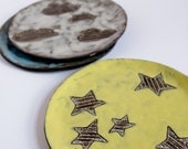 ceramic plate, unique wall hanging or serving platter, clouds and stars, blue, white and yellow, whimsical home decor, handmade by karoArt