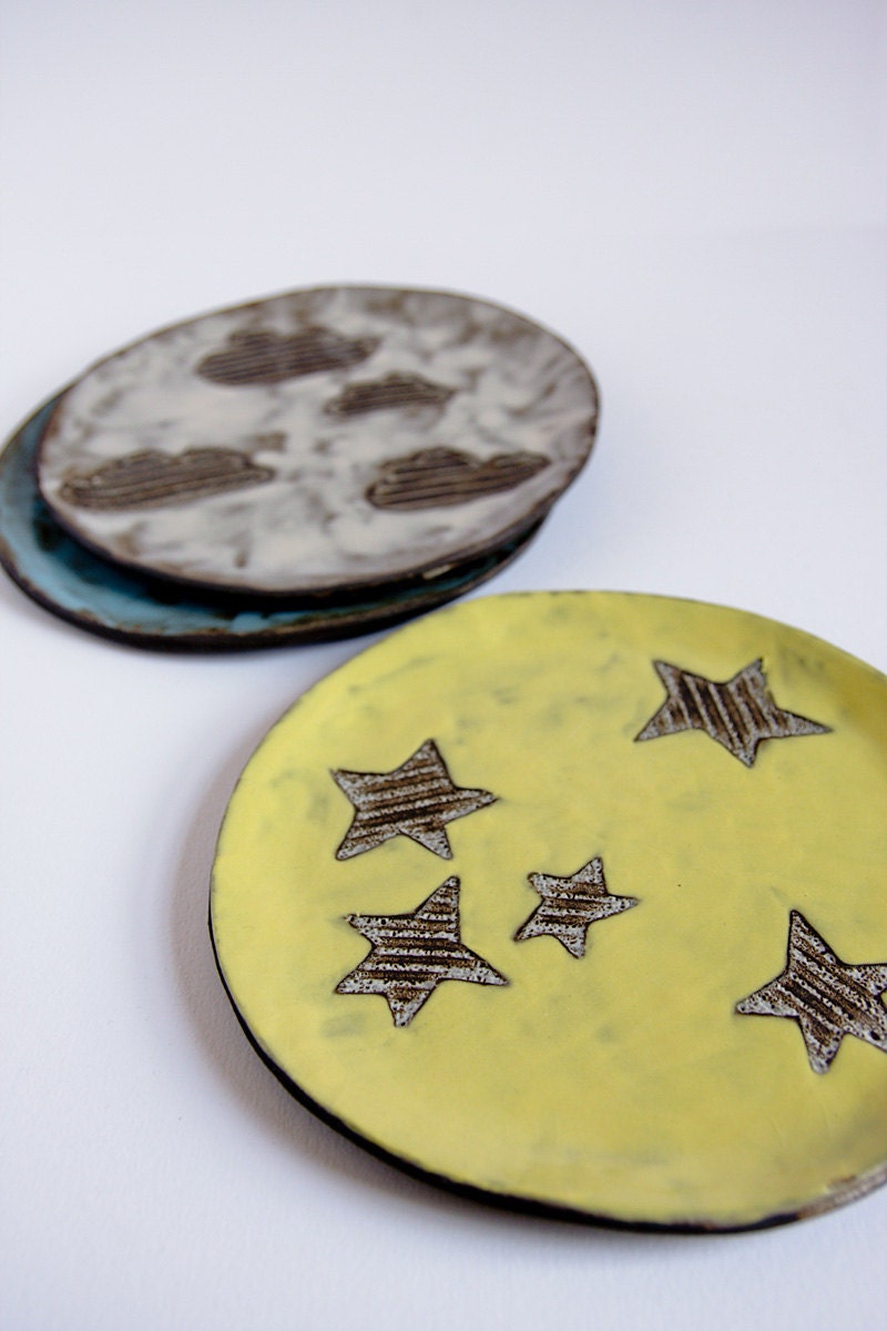 ceramic plate, unique wall hanging or serving platter, clouds and stars, blue, white and yellow, whimsical home decor, handmade by karoArt