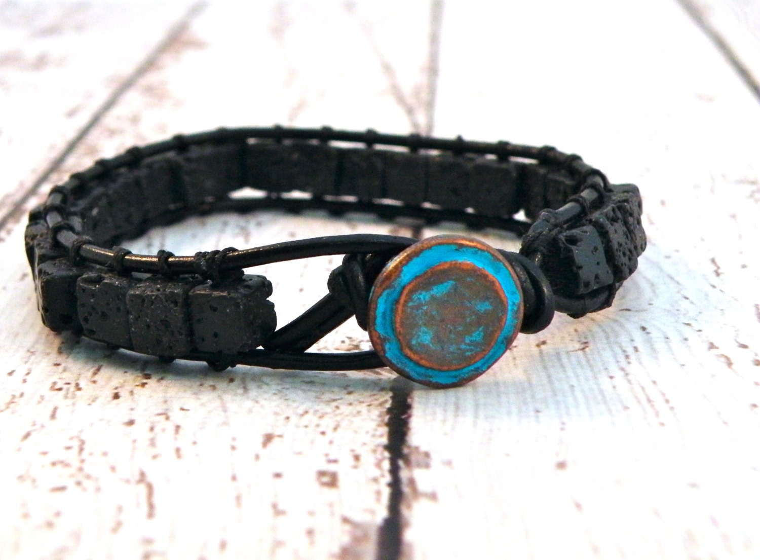 Unisex Black Lava Rock Leather Bracelet with Turquoise Bronze Button/ Free Shipping/ Urban Modern Wrist Wrap