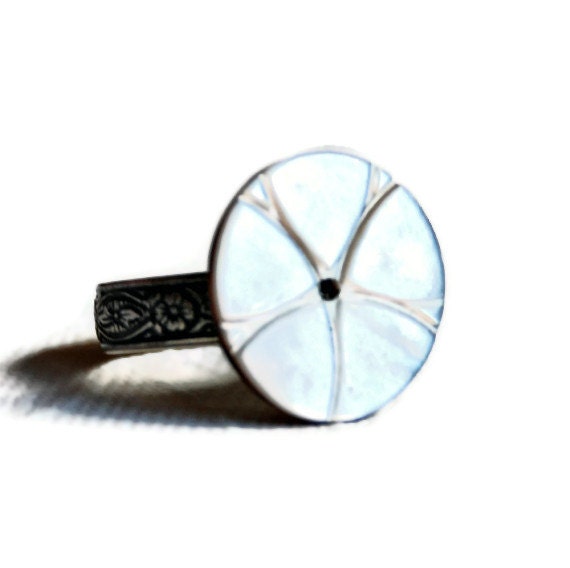 Antique Carved Mother of Pearl Button Ring, silver adjustable band