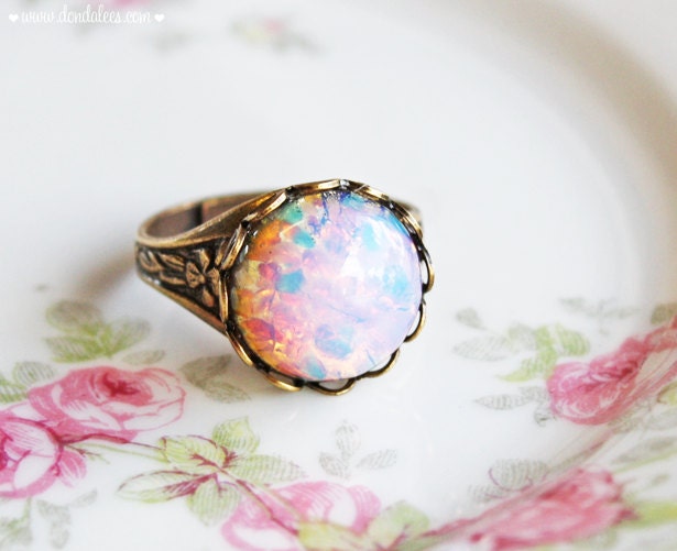 Vintage Pink Glass Fire Opal Ring- Antiqued Brass Opal Ring