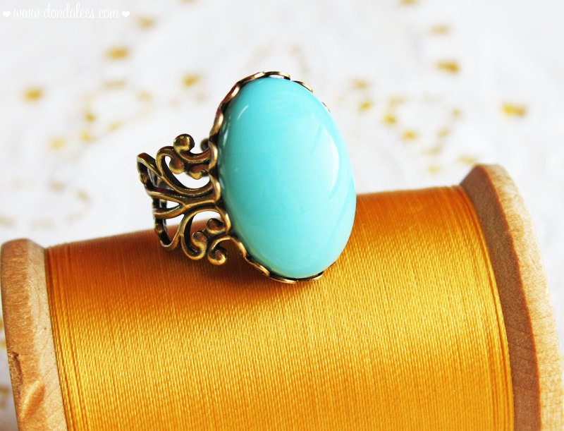 Vintage Turquoise Glass Cabochon Ring- Large Antiqued Brass Oval Ring
