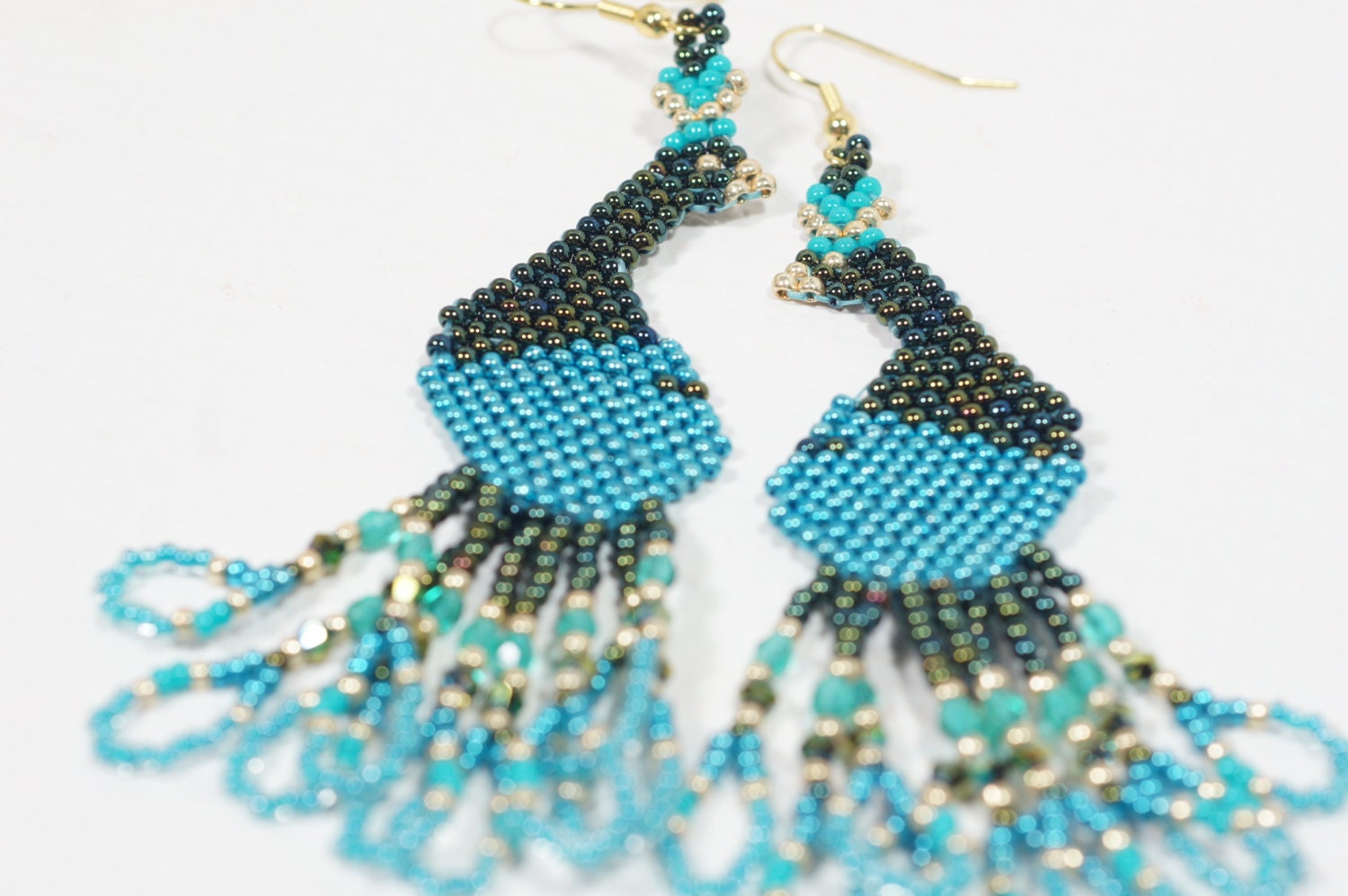 Beaded Peacock Earrings Beadweaving jewelry Blue Teal earrings