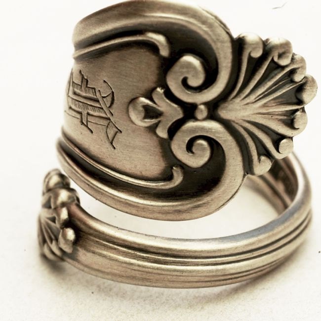 Victorian Era Sterling Spoon Ring Ornate Pattern with Shell by Alvin Co, Handmade in Your Size (3748)