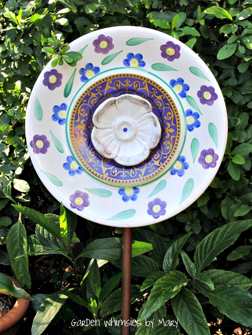 Garden Stake Plate Flower Purple and Blue Flowers - As Featured In Flea Market Gardens Magazine
