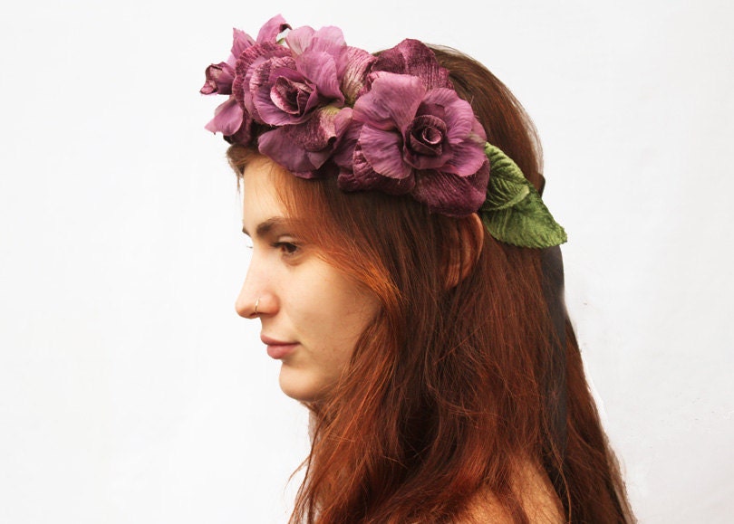Lavender Rose Crown - Radiant Orchid Purple Rose Flower Crown, Rose Headband, Velvet Rose Headdress. Bridal Crown, Fairy Crown, High Fashion - BloomDesignStudio