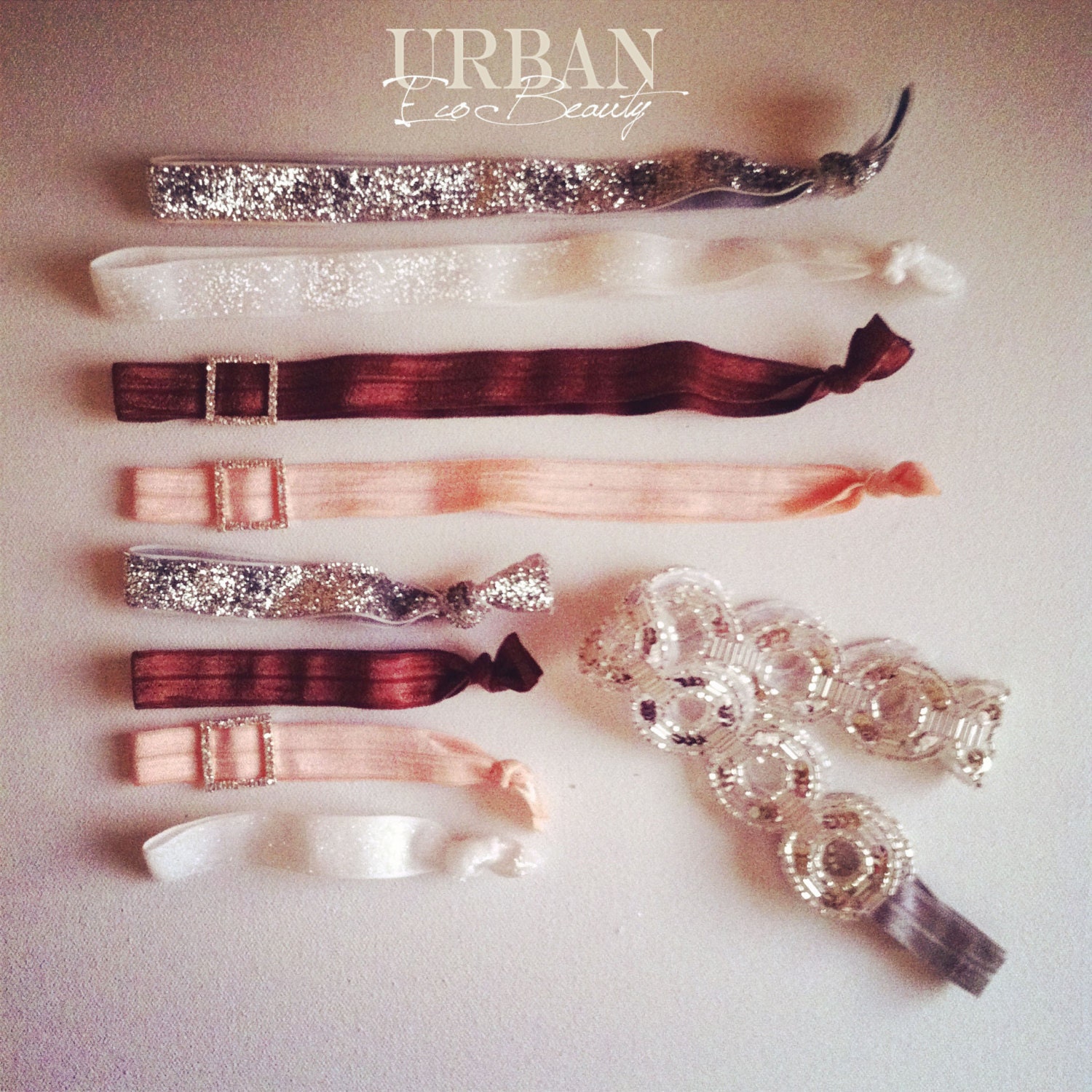 8 Sparkling Glitter Elastic Bohemian Styled Headband Set with Square Rhinestone buckle slide charm - Eight Elastic Headband Set
