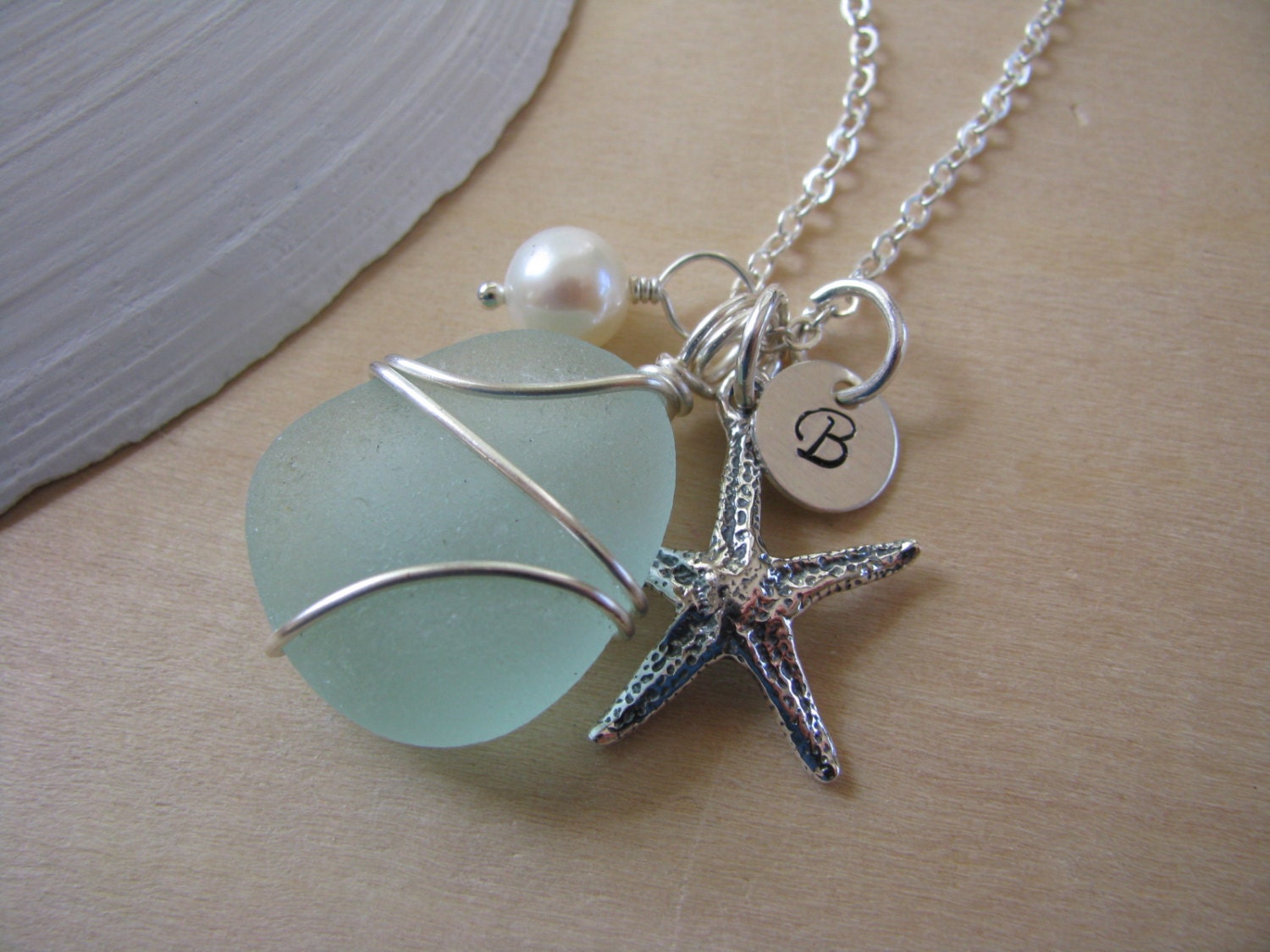 Personalized Sea Glass Jewelry Bridesmaid Gift Starfish Necklace Teal Aqua Sea Foam Green Beach Glass Destination Wedding Sterling Silver