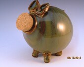 Piggy Bank With Running Rust Yellow Glaze, Curly Tail, Cork, Ready To Ship