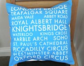 Pillow London landmarks road names 18 x 18  pillow cover blue white bus blind knightsbridge soho marble arch abbey road maida vale