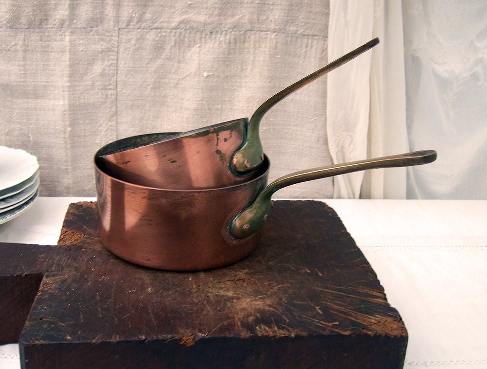 2 Copper Saucepans Vintage French country decor
