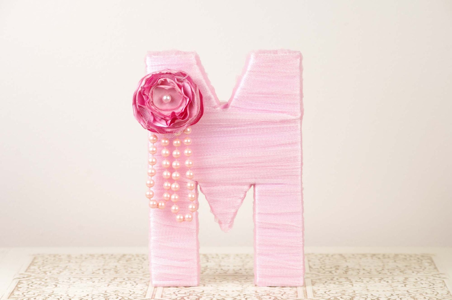 Pink tulle wrapped letter "M" Cake Topper - Wedding Decoration - Table Centerpiece - Photography Prop