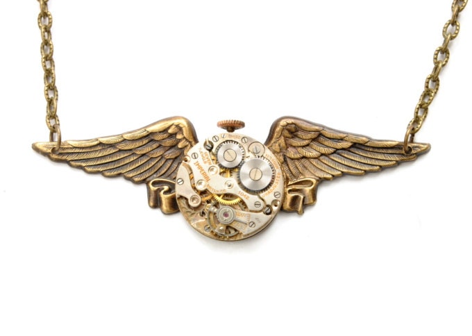 Steampunk Jewelry Steampunk Necklace Vintage Watch Military Wings Necklace Airship Pirate Steam Punk Jewelry By Victorian Curiosities