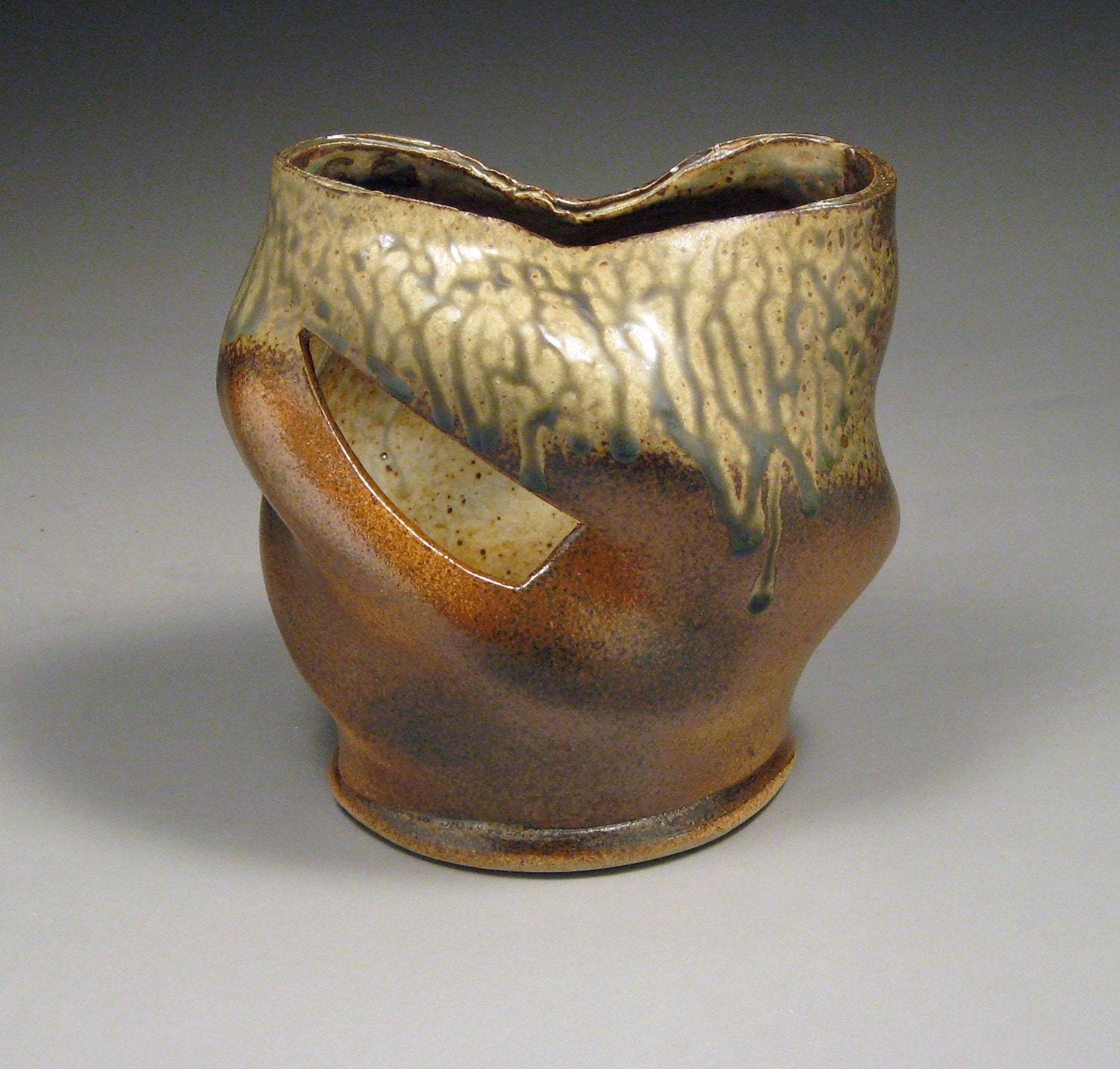 Green Glaze Drip Freestyle Vase with Second Triangle Opening