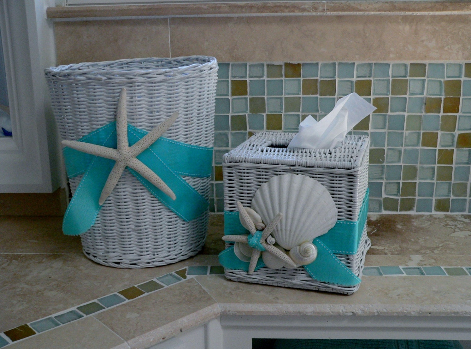 Beachy Tissue Holder & Waste Basket