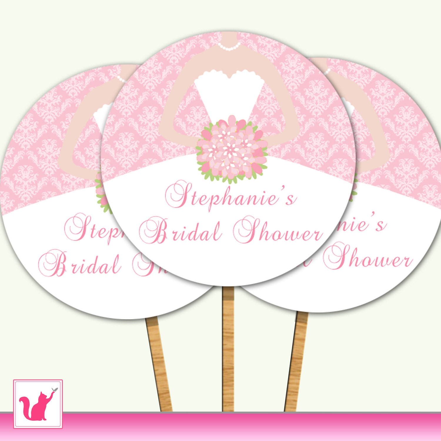 Printable Personalized Pink Damask Bouquet Bridal Shower Wedding Birthday Cupcake Topper - Party Decoration Custom
