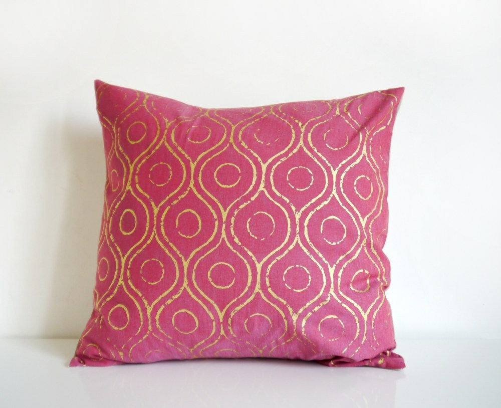 Decorative pillow, Indian pillow: bohemian metallic gold print on deep pink - eco friendly and hand printed