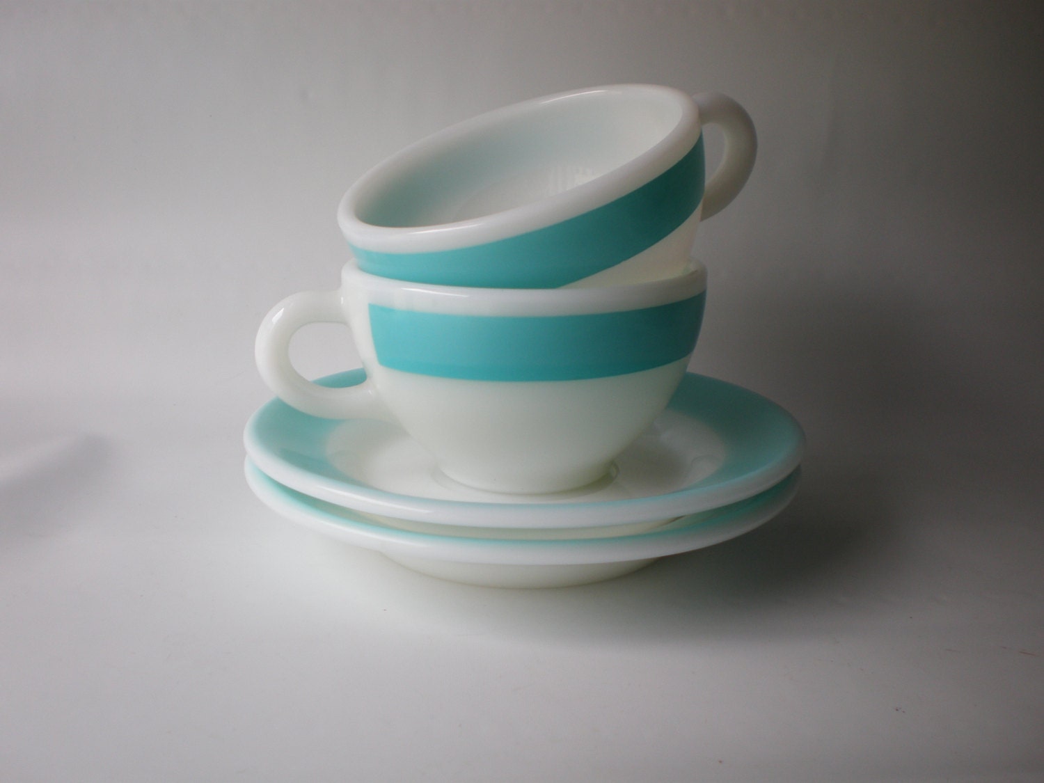 Set of 2 Vintage Aqua and White Banded Milk Glass Cups and Saucers