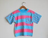 1980s RAD STRIPES and Polka Dots Kids Shirt.....size 10 12 kids.....children. kids. unisex. dots. rad. 80s. surfer tee. cotton. blue. pink