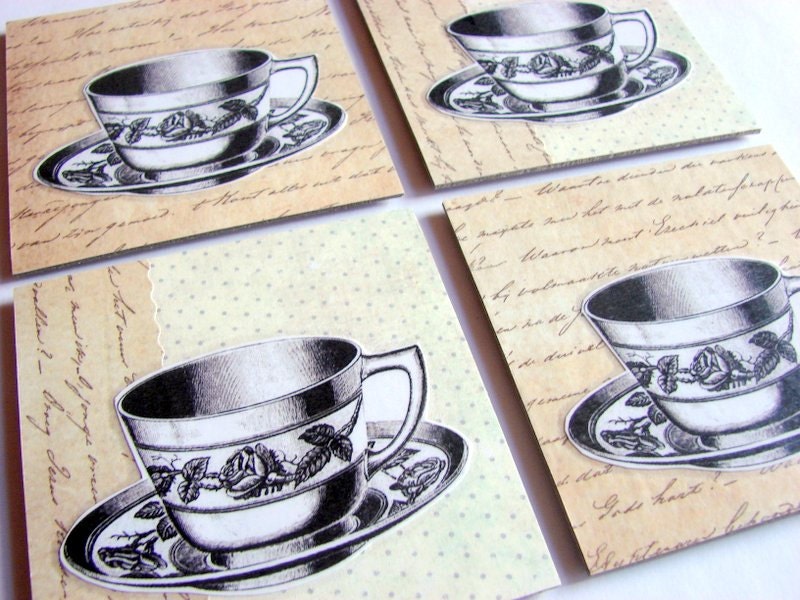 Coaster Set - Victorian Teacups Tea Cups With Roses - Small Paper Chipboard Decoupage Collage Drink Bar Tea Beverage Coffee