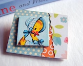 Storybook Collage Brooch - Duckling Wearing A Blue Bonnet - Md 3D Dimensional Paper and Chipboard Decoupage Pin Badge - Vintage Retro