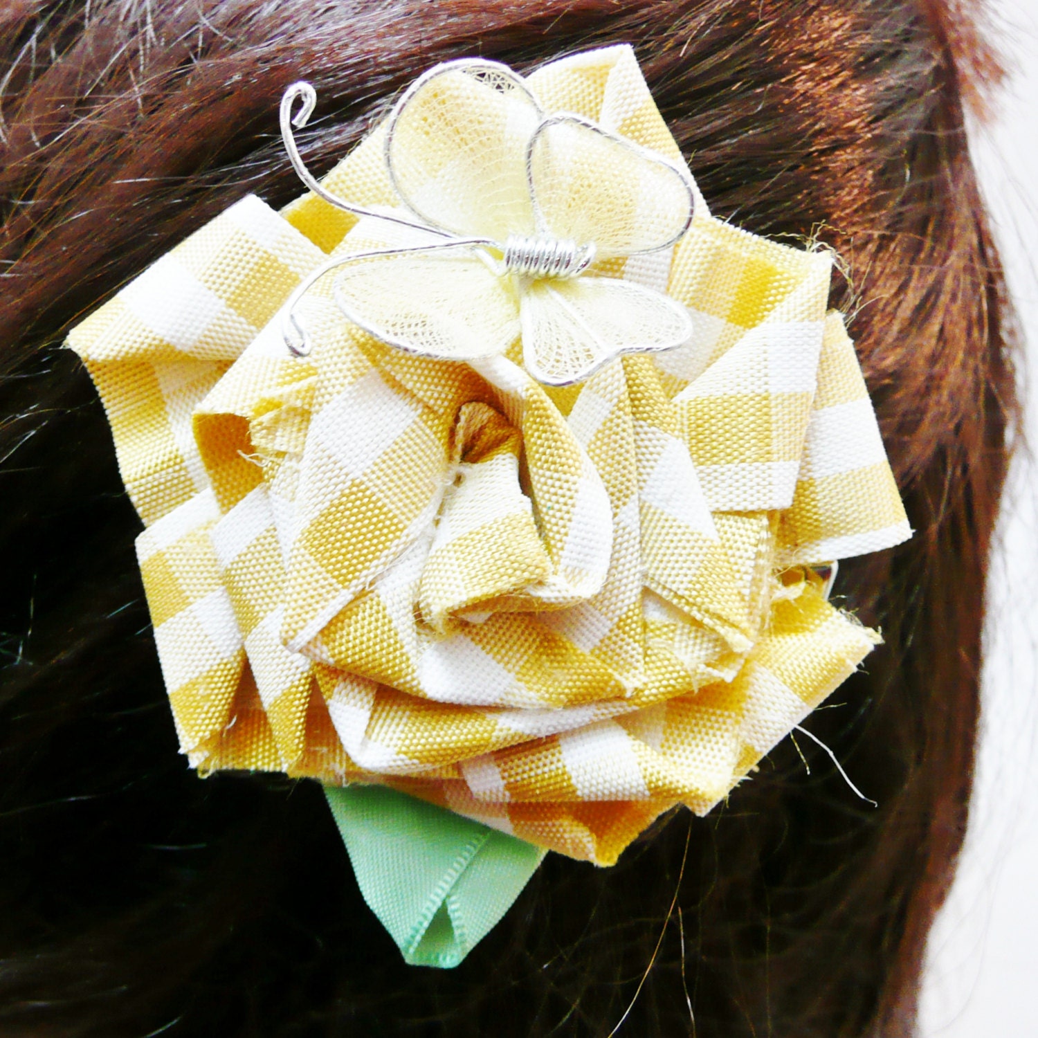 Boho Hair Accessory, Pastel Yellow Gingham Ribbon Rose Hair Clip with Mini Butterfly, Upcycled, Alligator Clip Back