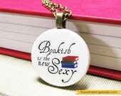 Classy Book Lover "Bookish is the new sexy" Reading Humor Necklace with Stack of Books Illustration - Librarian Jewelry