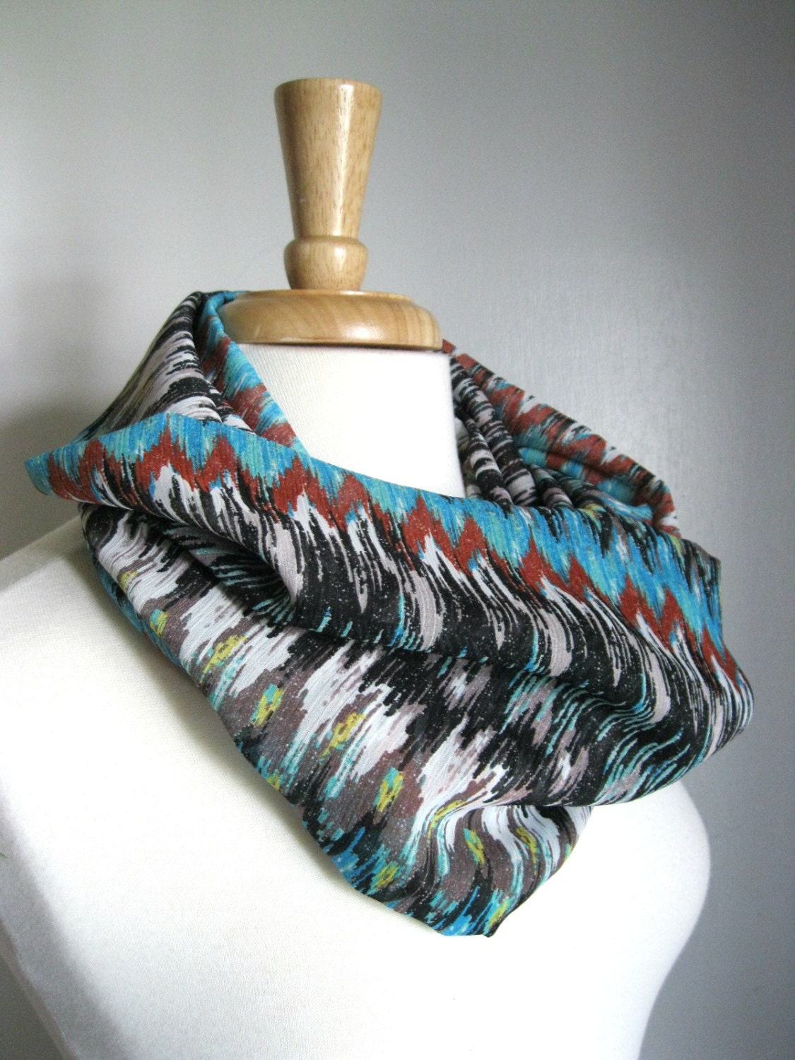 Tribal Chevrons : Chiffon Infinity Scarf in Black Teal and Rust Chevron Print