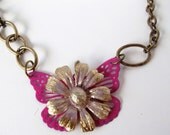Pink Butterfly with a Golden vintage Flower focal on a antique bronze chunk recycled chain with unique clasp