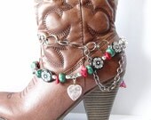 Shabby Chic and girly BOOT JEWELRY for wearing as dressy formal wear for your boots with Red, Black and Turquoise and Gunmetal Chains