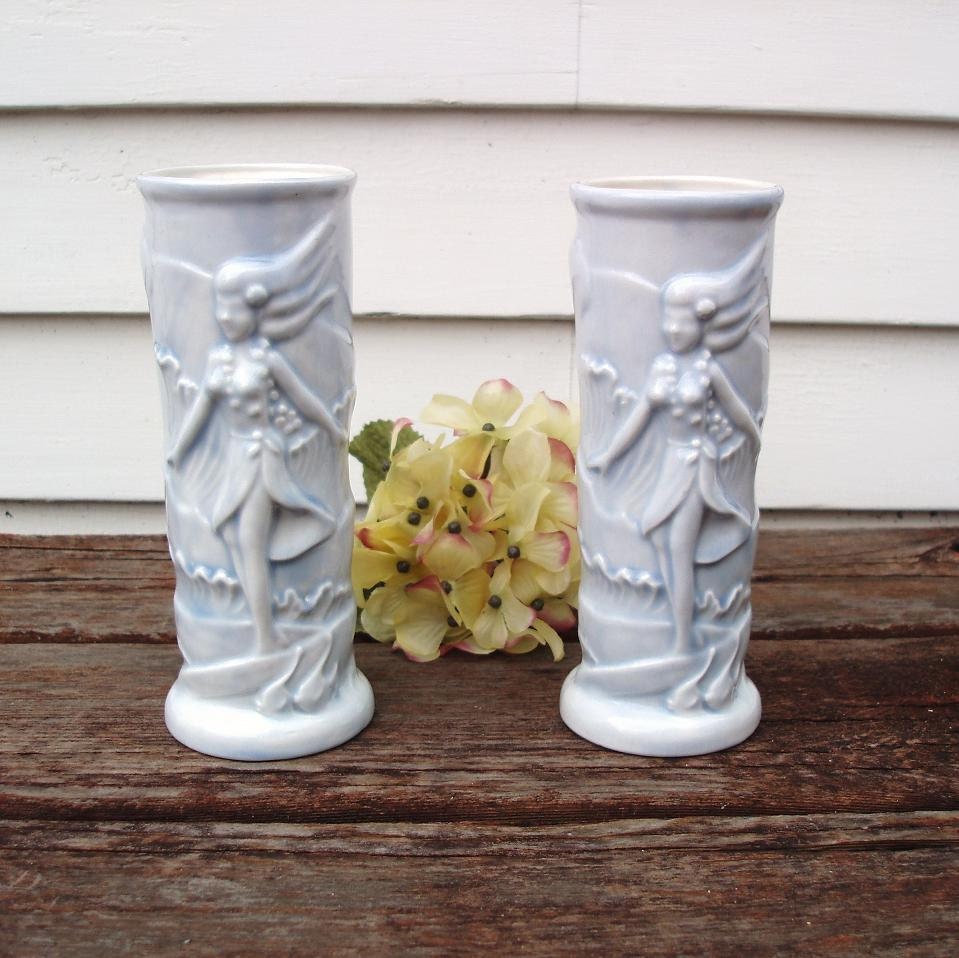Ceramic Flower Vases, Tall Decorative Vases, Beach Cottage Decor, Fairy / Blue