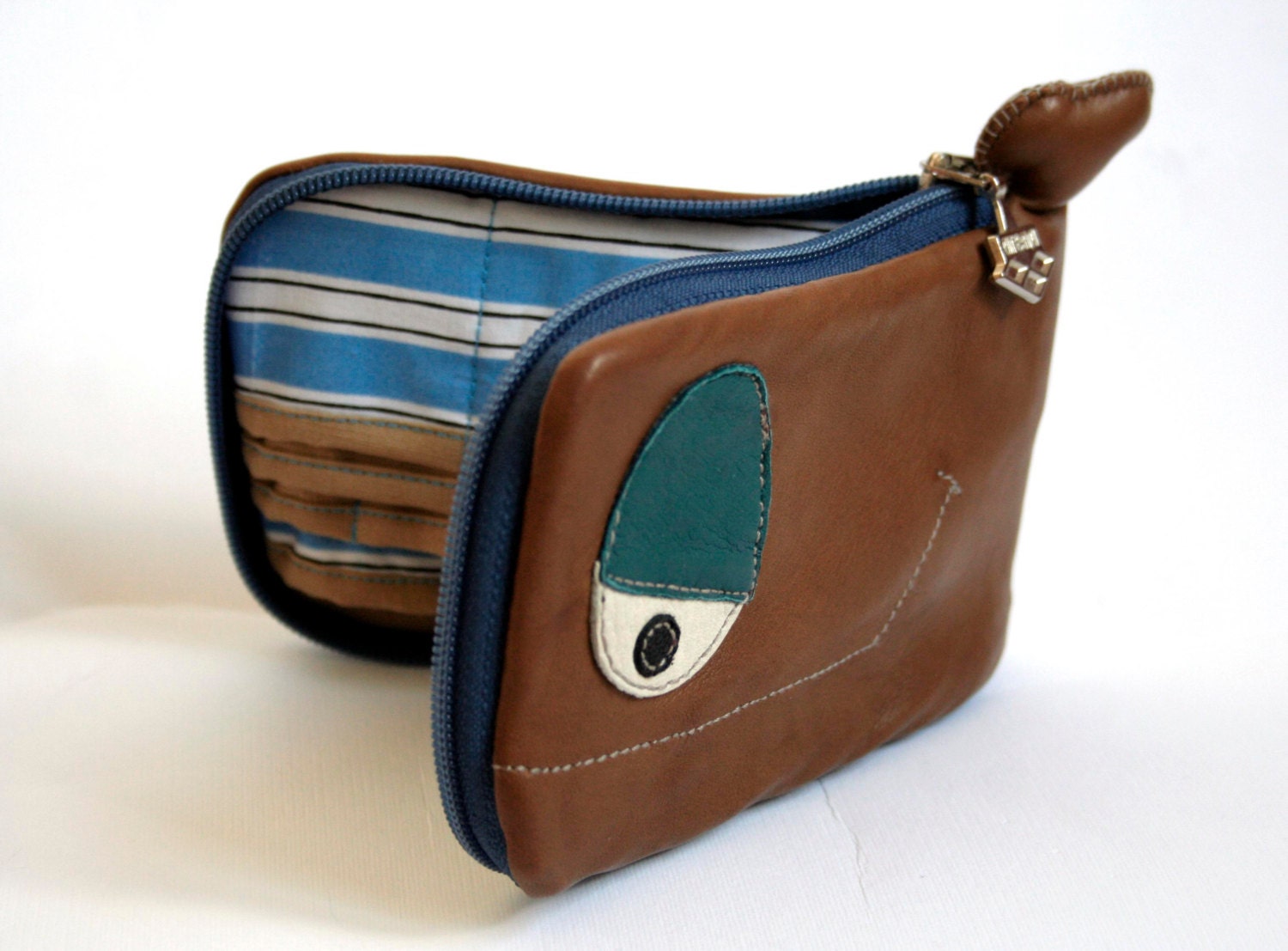 Little Brown Blue Whale wallet,brown leather wallet, blue stripes inside, OOAK, ready to ship