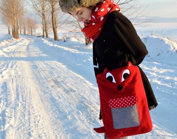 Red Fox laptop case / messenger bag- soft dark red fabric and polka dots-13, 14, 15 inch - made to order