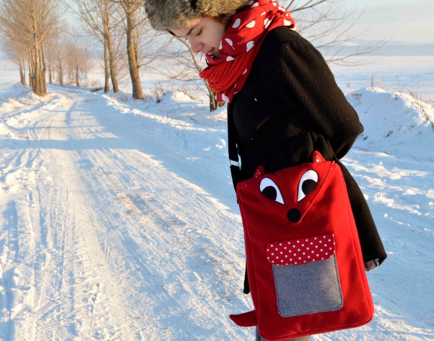 Red Fox laptop case / messenger bag- soft dark red fabric and polka dots-13, 14, 15 inch - made to order