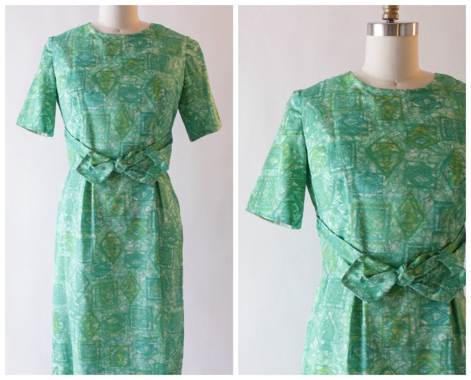 1960s green and blue abstract print wiggle dress with built-in bow belt