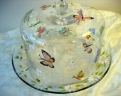 Hand painted cake dome and plate with butterflies and daisies, gift for mom, mothers day gift