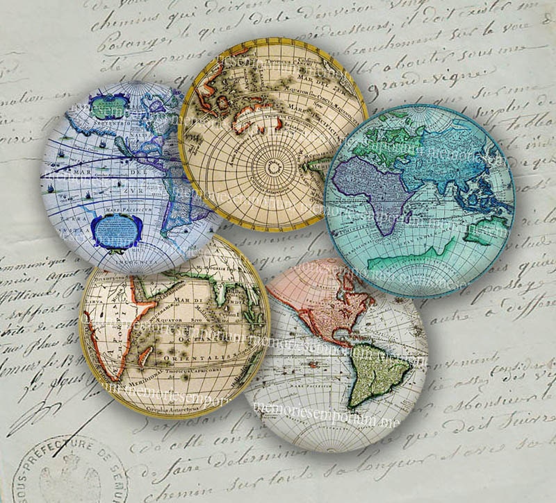 Antique World Globe Maps Earth Continents Hemispheres Vintage Charts 2 inch Circles Collage Sheet Decoupage Sheets Instant Download 035 - memoriesemporium