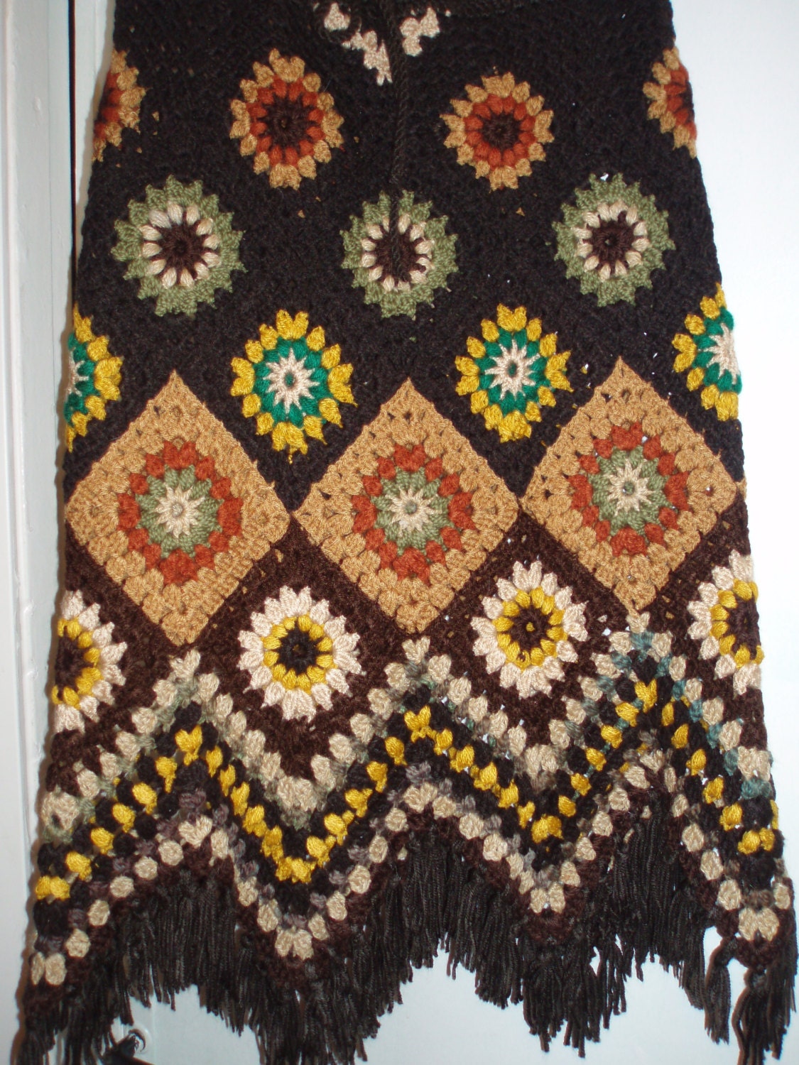 Crochet 1960-s hippie style bohemian woodland forest brown granny square puff stitch flowers skirt with fringe