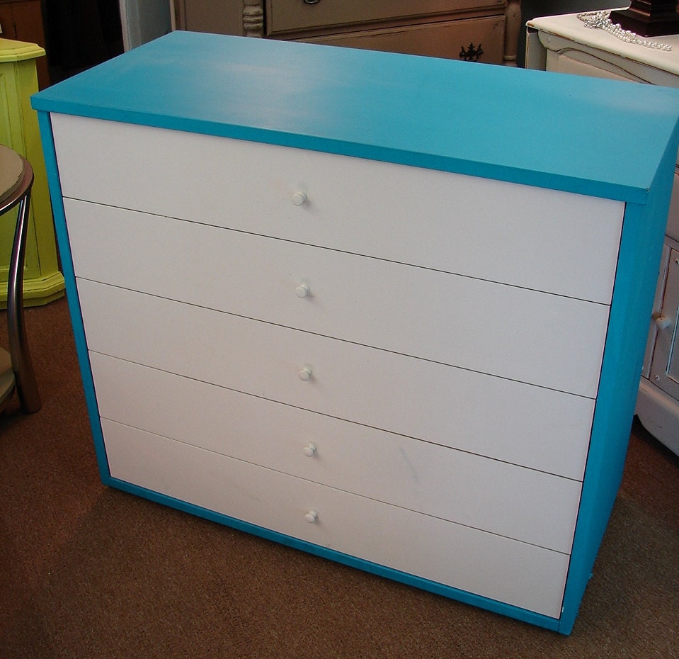 Reclaimed Vintage Mod Modern Retro Turquoise White 5 Dr Dresser Chest of Drawers (MLD) Call for SHIP QUOTE