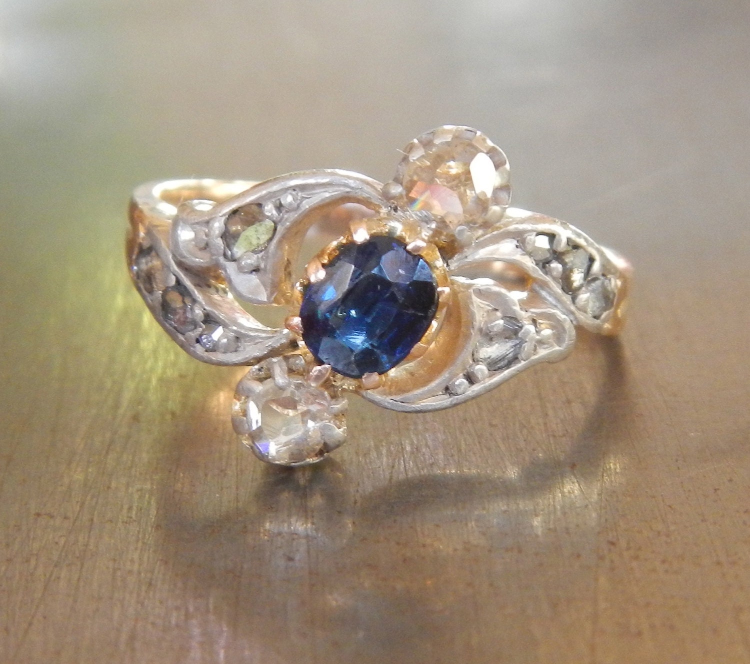 Sapphire and Rose Cut Diamond Engagement Ring from 1900s