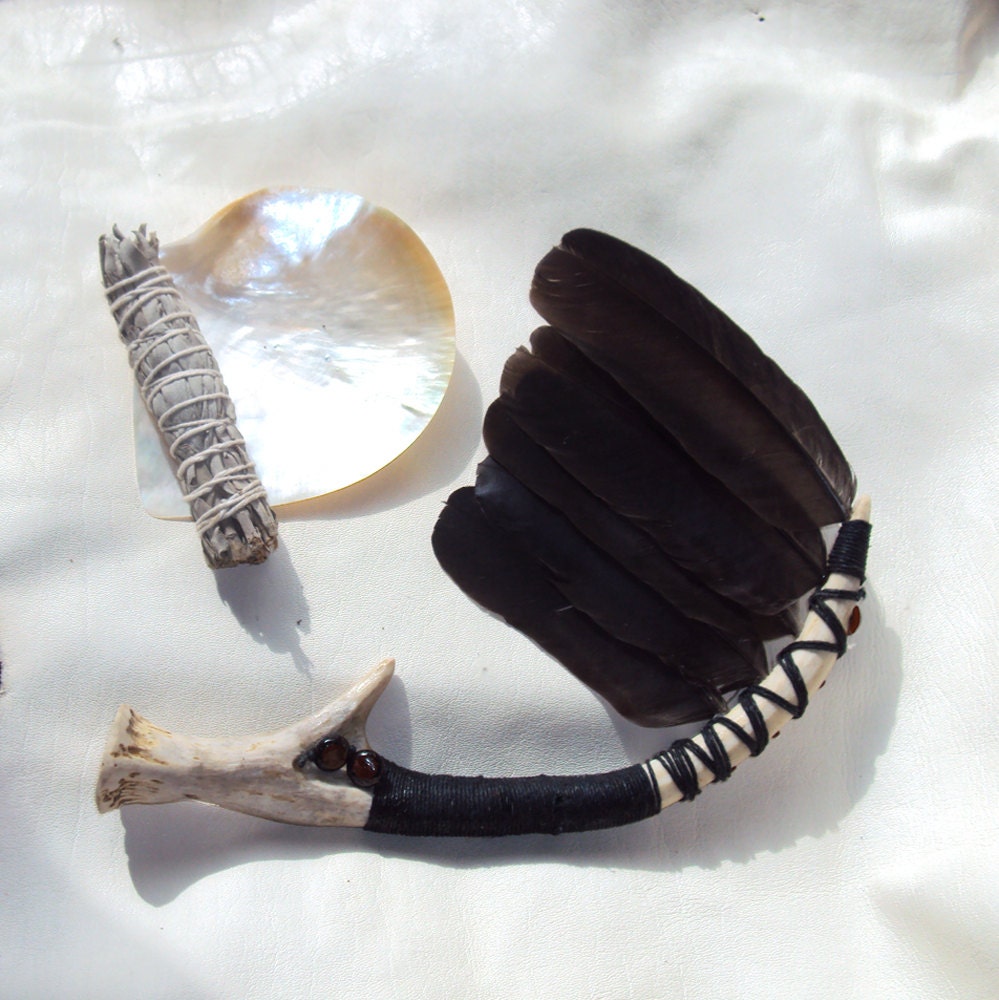 Antler with Crow Feather and Garnet Inlay Smudge Fan Smudge Kit,Baby Blessing,Wiccaning