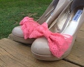Coral  Lace  Bridal Bow Shoe Clips... Bridesmaids, flower girl, great for prom,  ball, weddings or any occasion.... 